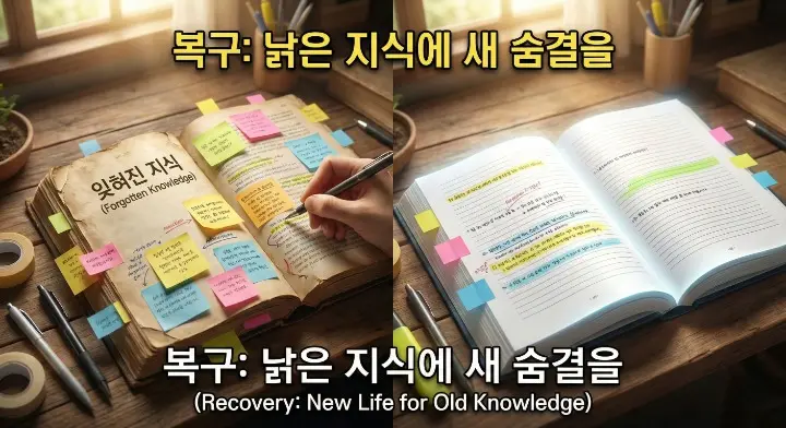 ROT 프레임워크 글 정리 전략에서 Outdated는 삭제보다 수정을 우선하는 메시지를 담은, 낡은 달력을 고쳐 쓰는 장면